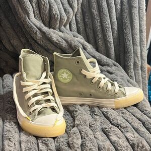 Converse High Top Sneakers in Olive and Cream with Yellow Accents